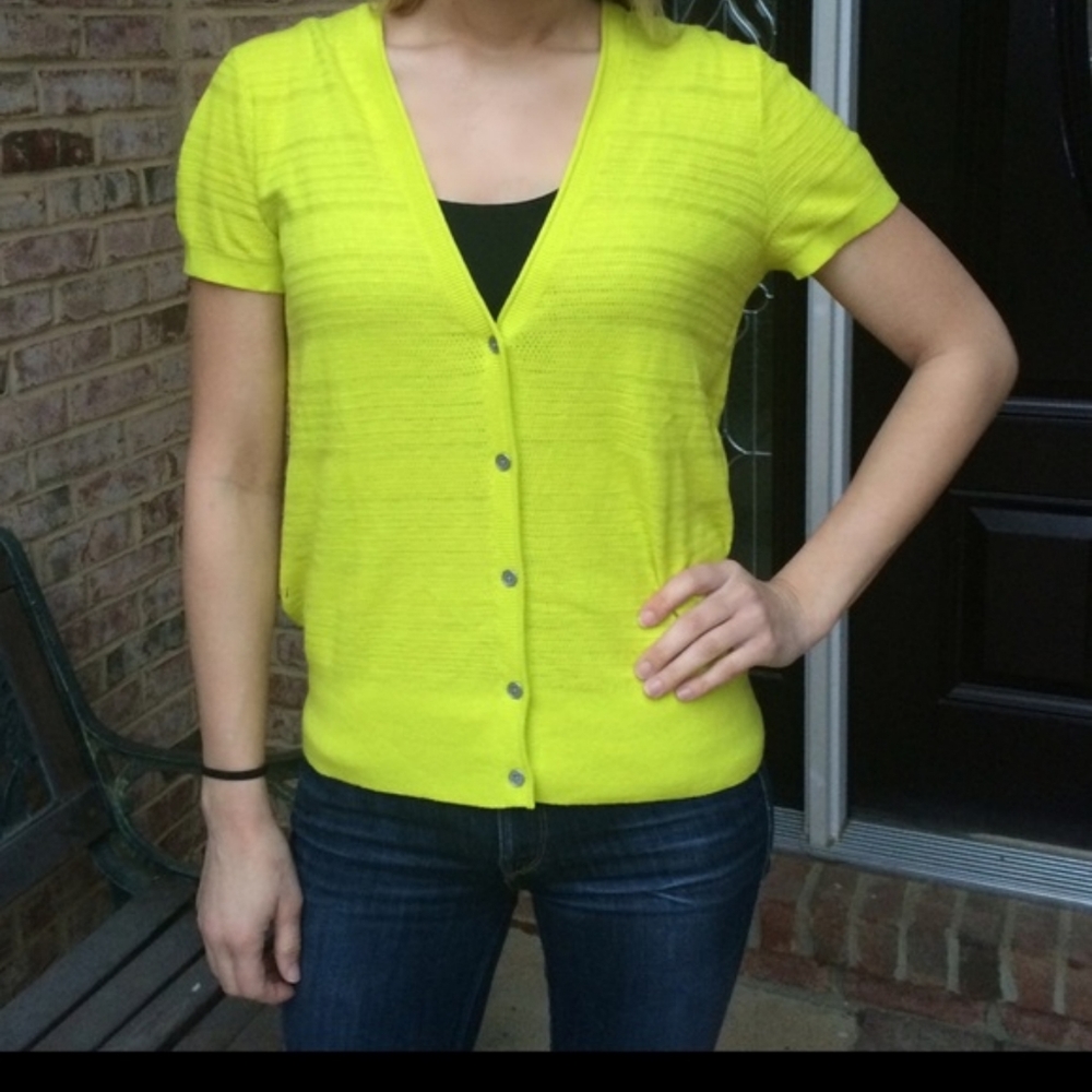 LOFT Neon Yellow Short Sleeve Button Cardigan